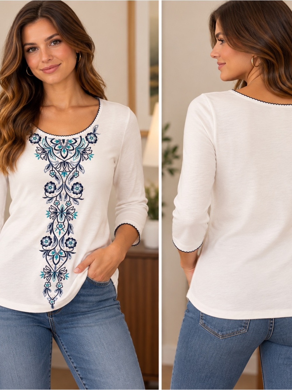 Alfred Dunner White Long-Sleeve Scoop Neck Top Blue Teal Embroidery Rhinestone